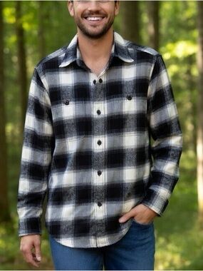 Orvis Black White Plaid Shirt Jacket Heavyweight Cotton Perfect Flannel Shacket
